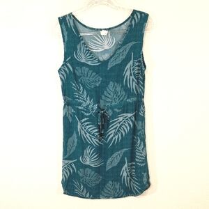 Palmwave Hawaii Teal Leaf Print Dress w/Beaded Tie Waist Vacation Summer, M